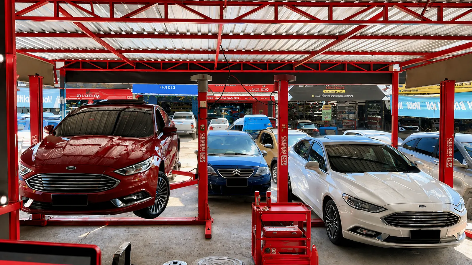 Oficina Automarq com veículos nos elevadores